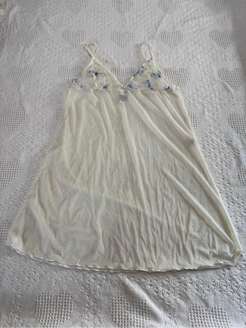 H&M White Sheer Babydoll Slip Dress w/ Blue Embroidered Flowers (L)